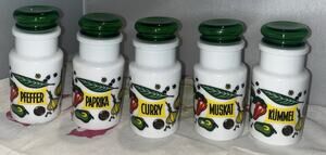 5 German Spice Jars 1970s Vegitable Pattern Kitsch Cottage Decor